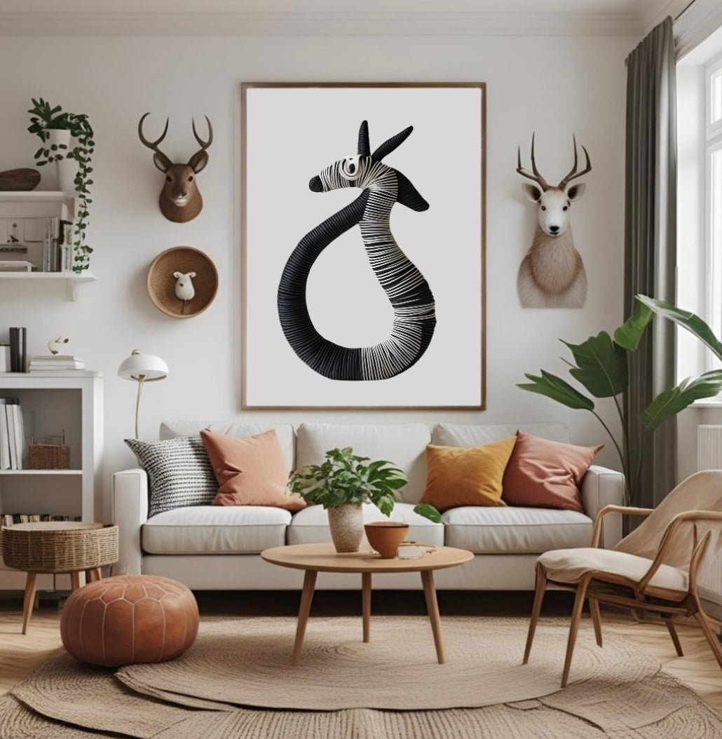 Schwarz-weißes Tierposter mit Doppelkopf aus Seilen und 3D-Effekt im Wohnzimmer an der Wand in schwarzem Rahmen als moderne Wanddeko