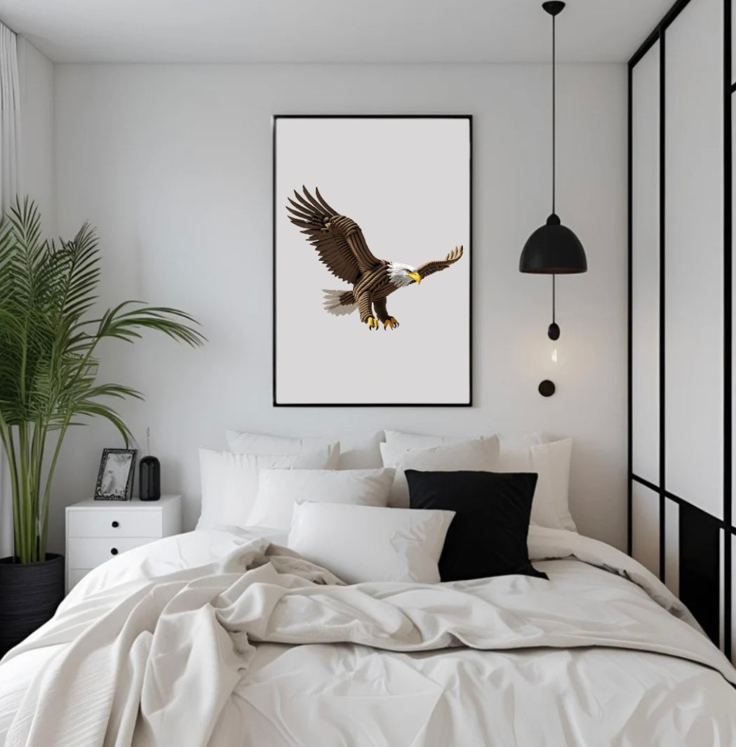 Adlerposter mit beeindruckender 3D-Wirkung aus Seilen im Holzrahmen über dem Bett im Schlafzimmer für eine ausdrucksstarke Wandgestaltung