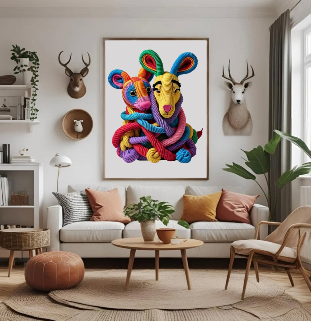 Buntes Wandbild mit Fantasie-Tieren aus Seilen in lebendiger 3D-Optik im Wohnzimmer über dem Sofa im Holzrahmen als auffällige Wanddeko