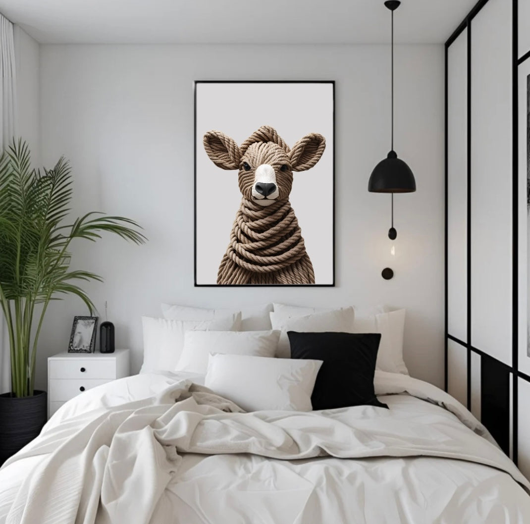 Schlafzimmer-Deko mit gerahmtem Esel Poster – natürliche 3D-Optik in Braun, skandinavischer Stil
