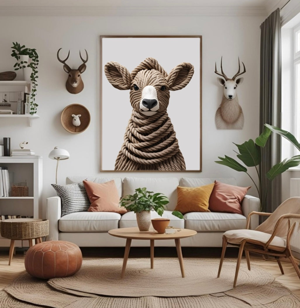 Eselkopf Poster mit 3D-Seiloptik – stilvolle Wanddeko in Braun für moderne Wohnzimmer mit Holzrahmen