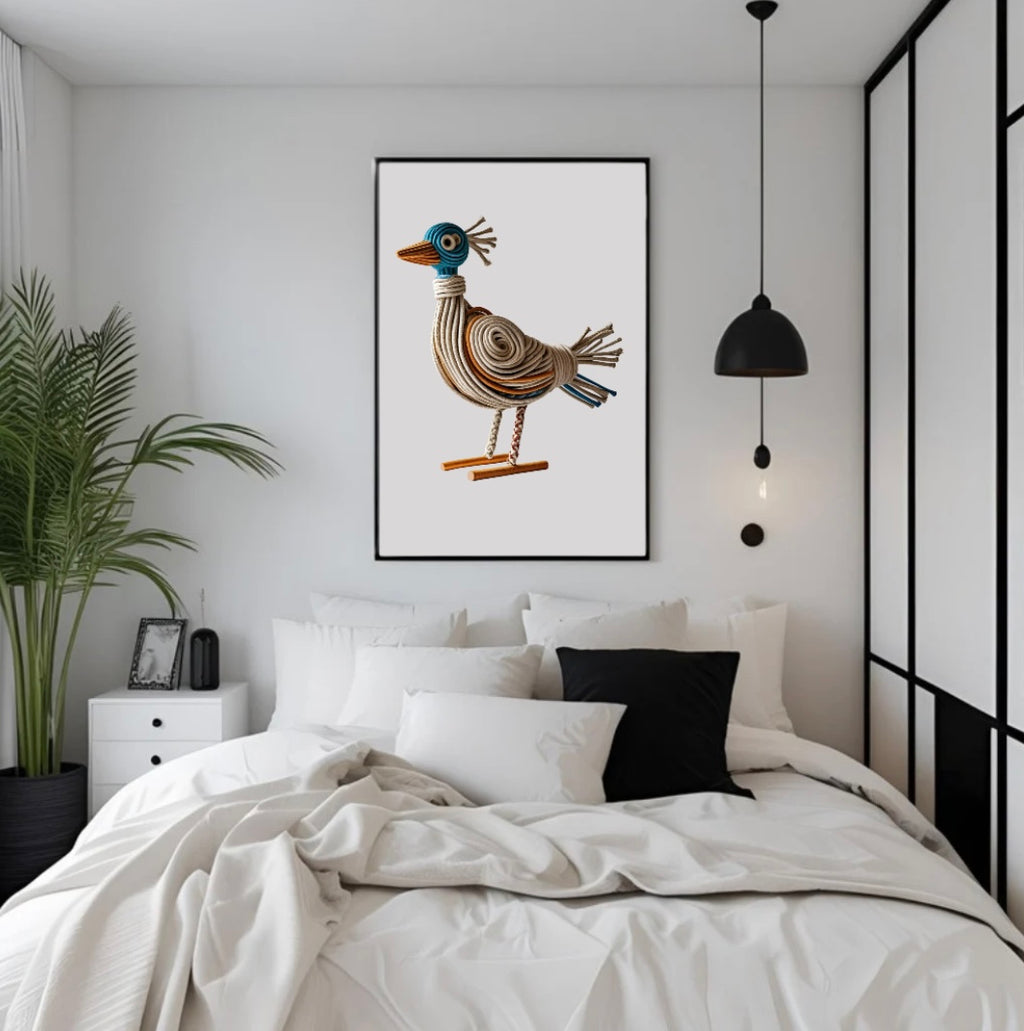 Gerahmtes Vogelposter aus Seil in Beige, Blau & Orange im Schlafzimmer über dem Bett, in einem Holzrahmen, als stilvolle Wanddekoration