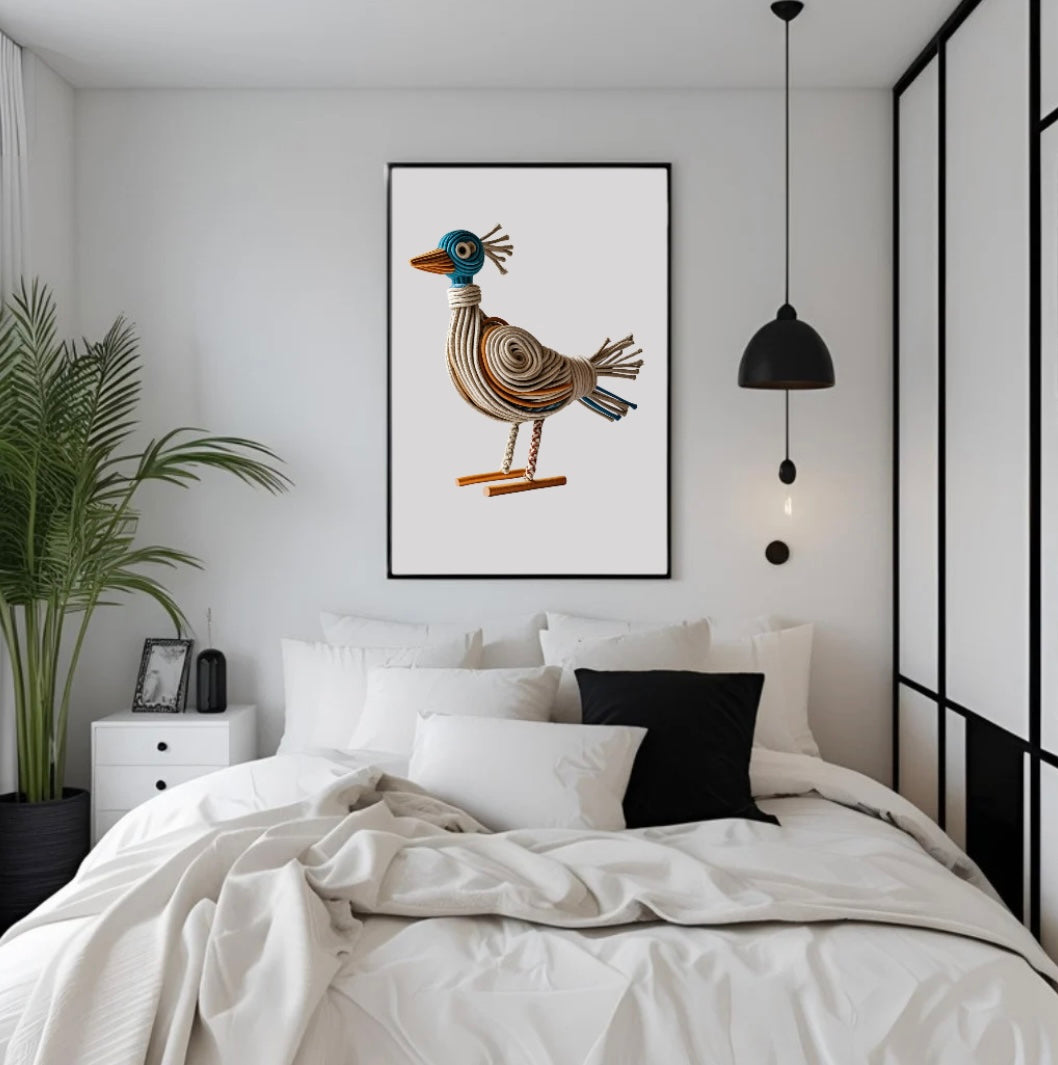Gerahmtes Vogelposter aus Seil in Beige, Blau & Orange im Schlafzimmer über dem Bett, in einem Holzrahmen, als stilvolle Wanddekoration