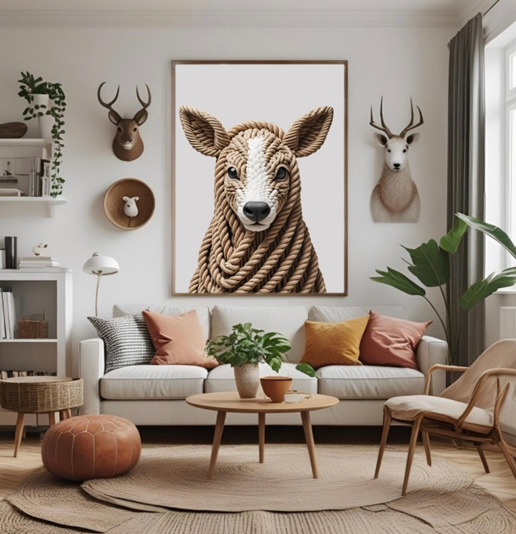 Modernes Rehkopf Poster aus Seilen mit plastischer 3D-Optik im Wohnzimmer über dem Sofa im Holzrahmen als stilvolle Wanddeko mit Naturmotiven
