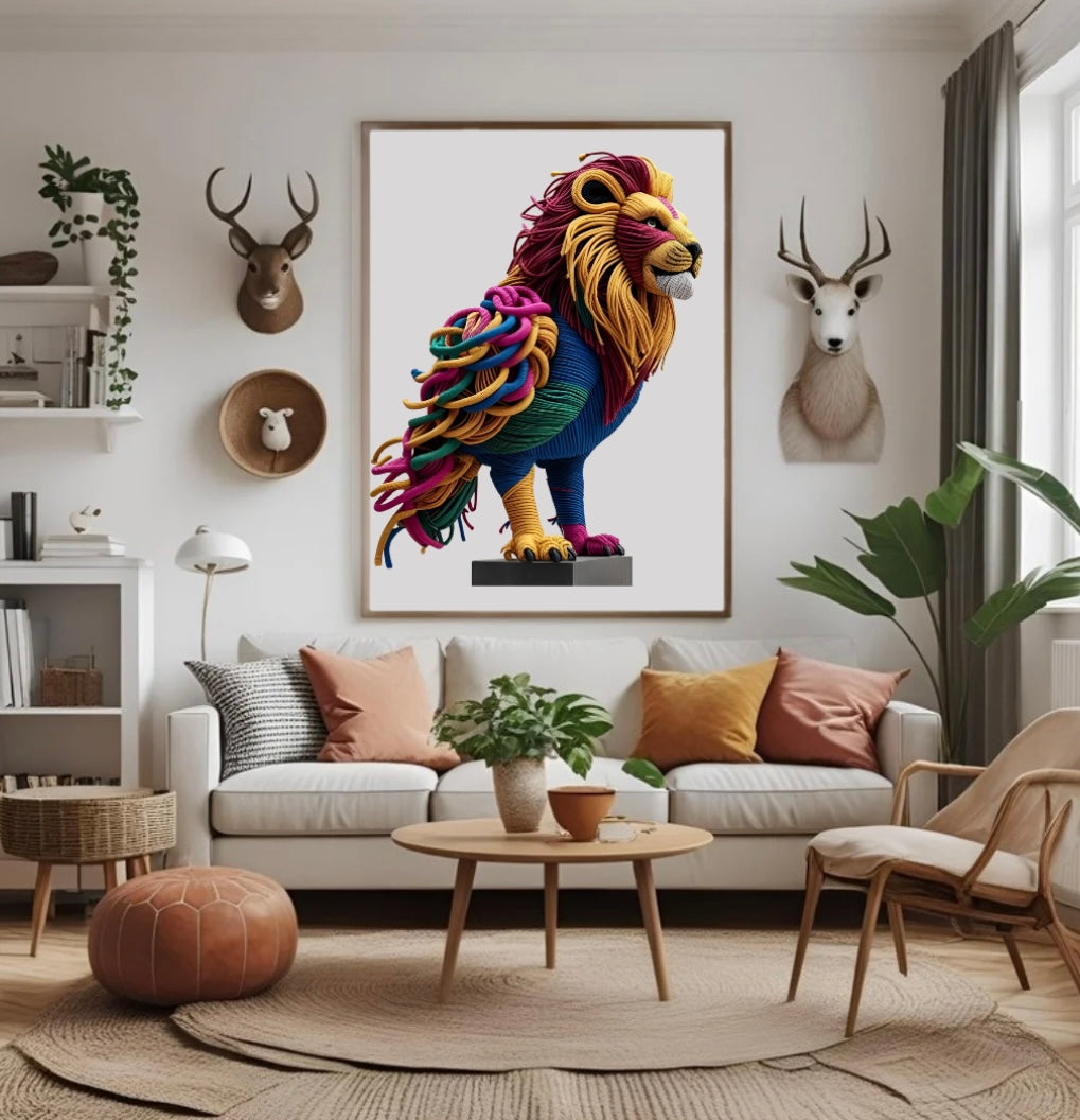 Fantasie-Wandbild mit Löwenkopf und Vogelkörper aus Seilen im Holzrahmen im Wohnzimmer über dem Sofa – kreative Tiermischung als moderne Wanddeko