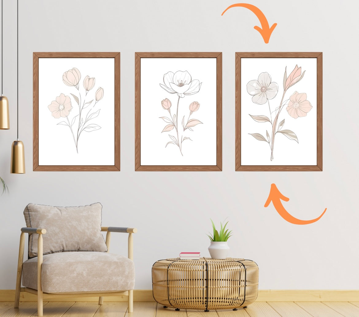Florales Boho Poster A4 A3 A2 – Line Art Blumenmotiv – Beige Rosa – Minimal Design