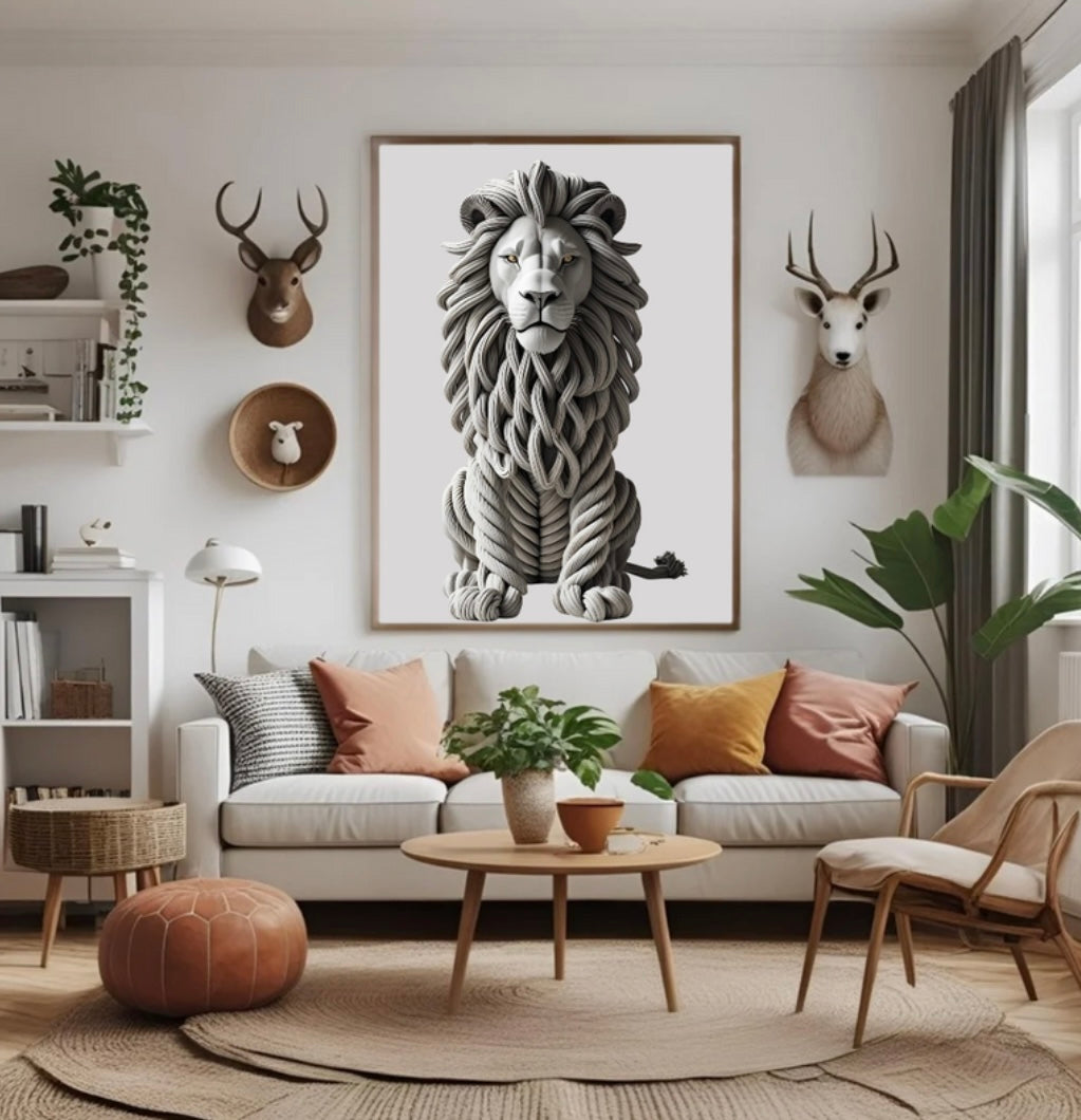 Minimalistisches Löwenposter aus grauem Seil mit 3D-Effekt im Wohnzimmer über dem Sofa im Holzrahmen als moderne Tier-Wanddeko