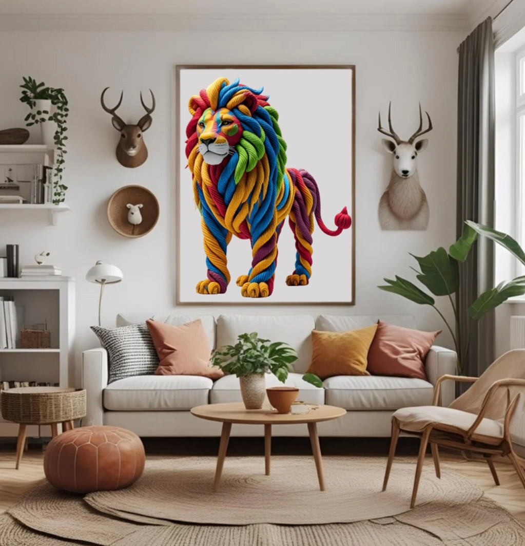 Buntes Löwenposter aus kunstvoll gelegtem Seil im Holzrahmen im Wohnzimmer über dem Sofa – ausdrucksstarke 3D-Tierwanddeko