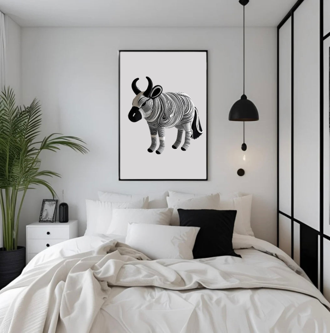 Gerahmtes Büffel Poster als Schlafzimmer-Deko – minimalistischer 3D-Effekt in Schwarz-Weiß mit Seilmotiv