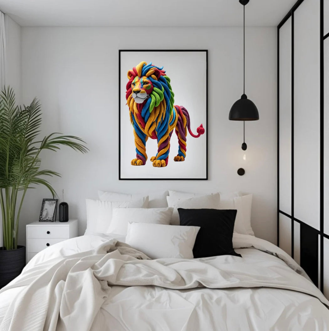 Gerahmtes Löwenposter mit lebendigen Seilfarben und 3D-Effekt über dem Bett im Schlafzimmer – moderne Wandgestaltung mit Wildtier-Motiv
