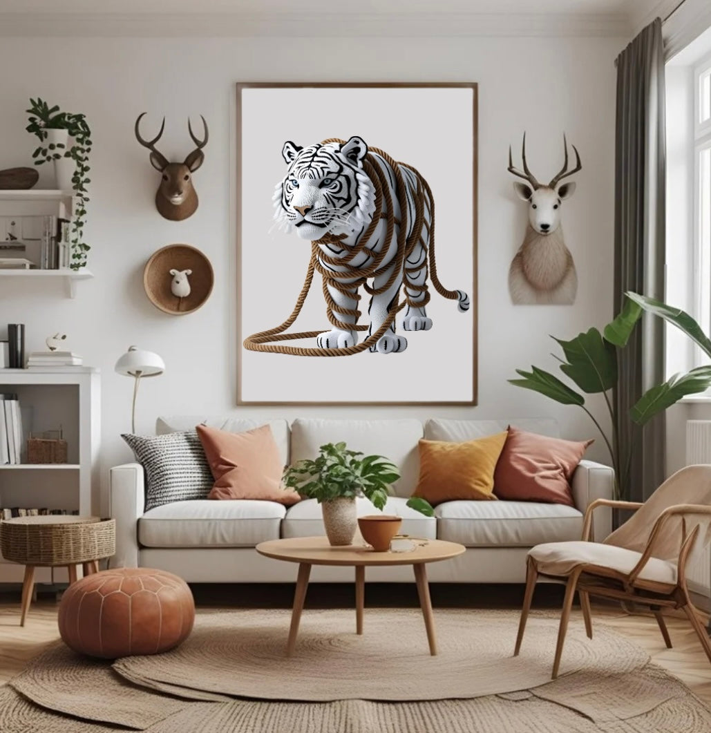 Künstlerisches Tiger Poster mit Seilelementen im Holzrahmen im Wohnzimmer über dem Sofa als kraftvolle und moderne Wanddekoration