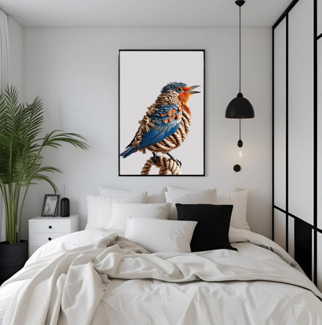 Gerahmtes Vogelposter mit 3D-Seilmotiv – gemütliche Wanddeko in warmen Farben für das Schlafzimmer