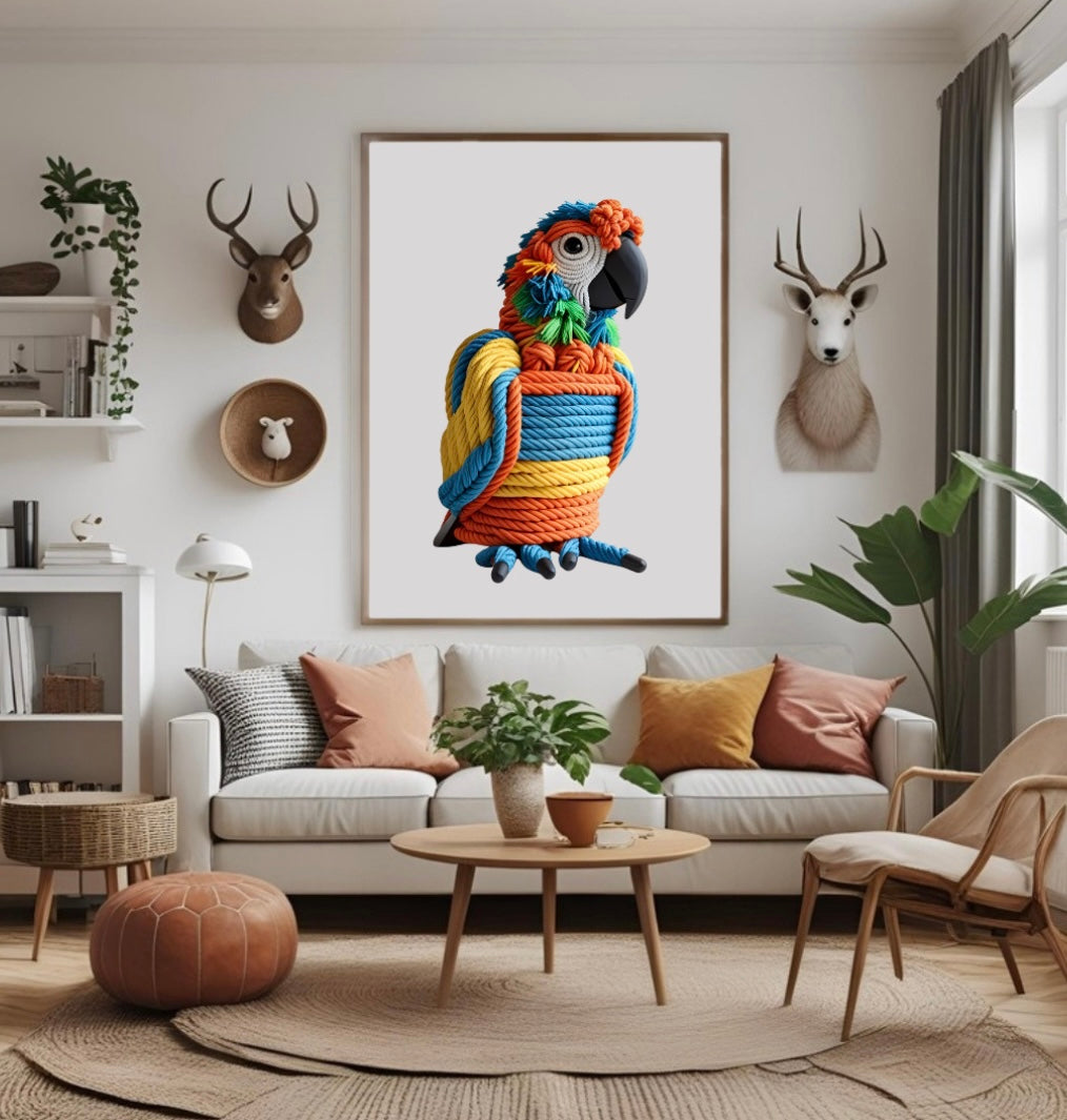 Buntes Wandbild mit Papagei aus Seilen in lebendiger 3D-Optik im Wohnzimmer über dem Sofa im Holzrahmen als exotische Wanddekoration