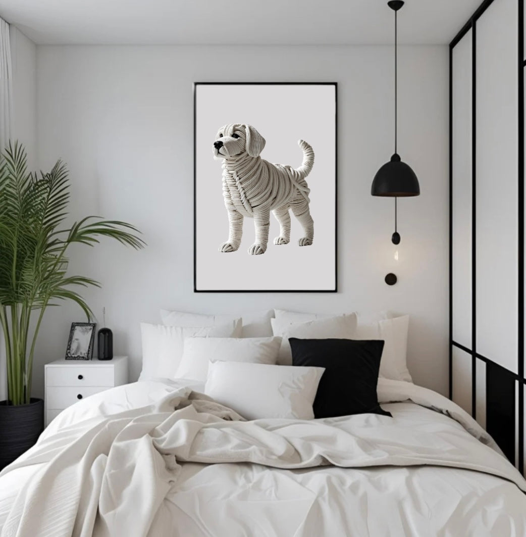 Gerahmtes Poster mit elegantem Hundemotiv aus Seilen und 3D-Effekt über dem Bett im Schlafzimmer für eine ruhige und edle Raumgestaltung