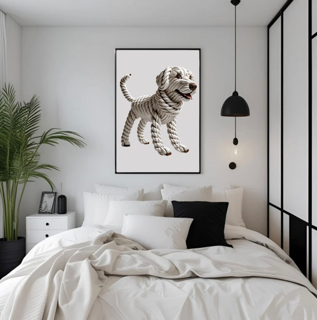 Gerahmtes Poster mit süßem Hund und Zunge aus Seilen, plastisch gestaltet in 3D, über dem Bett im Schlafzimmer als liebevolle Wandgestaltung