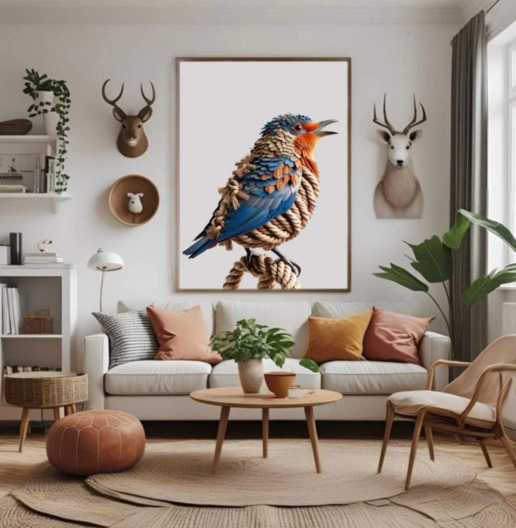 Wandbild Vogel aus Seilen in Braun & Orange – warme 3D-Optik als stilvolle Wohnzimmer-Deko mit Holzrahmen