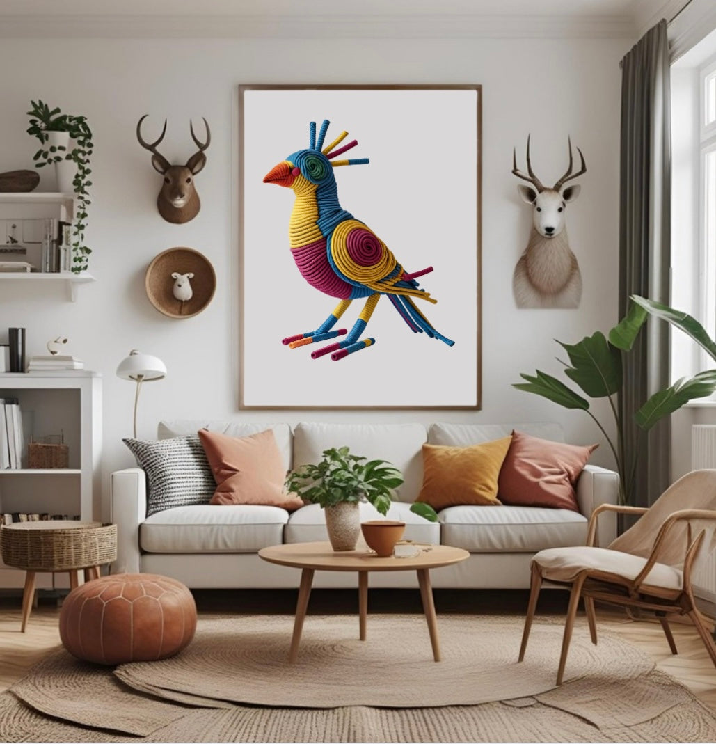 Bunter Vogel aus Seilen gerahmtes Poster mit lebendiger 3D-Optik im Wohnzimmer über Sofa in Holzrahmen Wanddekoration