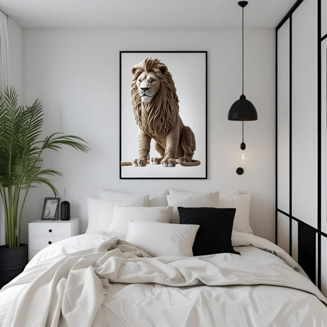 Gerahmtes Löwenposter mit plastischem 3D-Effekt aus Seilen über dem Bett im Schlafzimmer – majestätische Wandgestaltung für modernes Zuhause