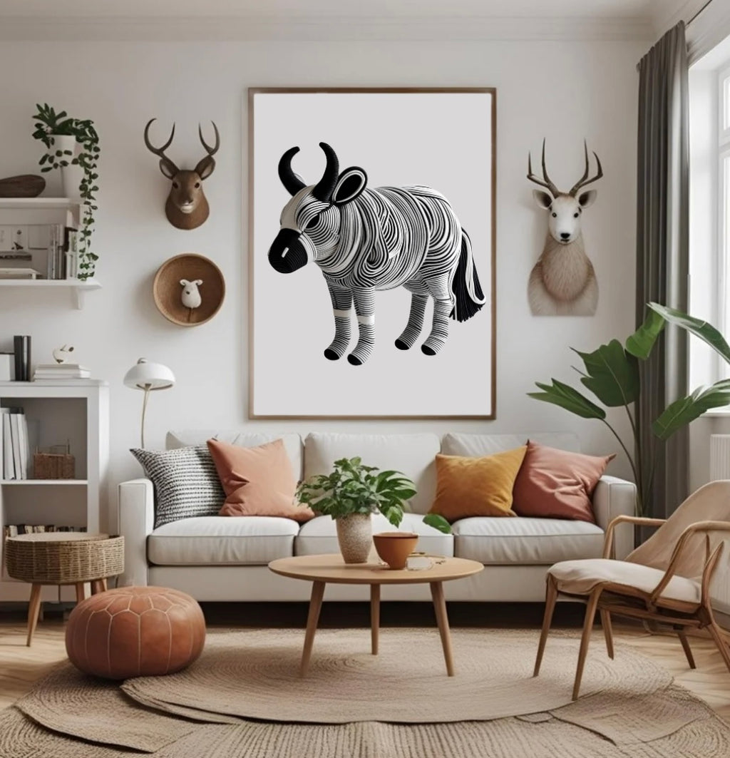 Schwarz-Weiß Poster Büffel mit 3D-Seiloptik – moderne Wanddeko mit Holzrahmen im Wohnzimmer