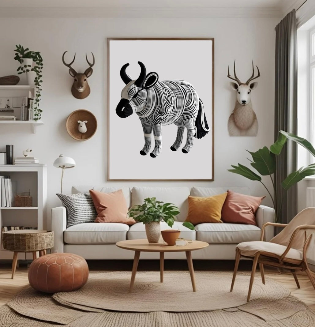 Schwarz-Weiß Poster Büffel mit 3D-Seiloptik – moderne Wanddeko mit Holzrahmen im Wohnzimmer