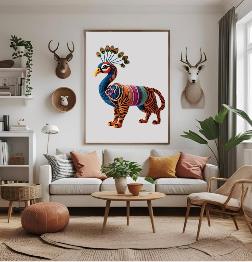 Fantasie-Tier Poster mit Tigerkörper und Pfaukopf in lebendiger 3D-Optik im Wohnzimmer über dem Sofa im Holzrahmen als farbenfrohe Wanddeko