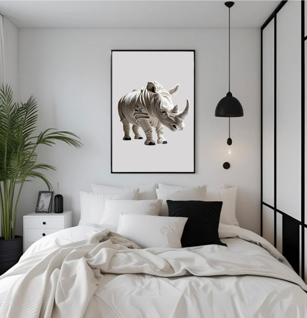 Sanftes Tierposter mit Nashorn-Motiv aus Seilen in Beige mit 3D-Wirkung, gerahmt über dem Bett im Schlafzimmer für ruhige Raumgestaltung