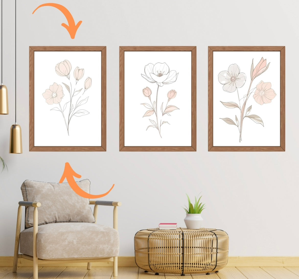 Boho Poster Line Art A4 A3 A2 – Blumen Illustration – Beige Rosa – Skandi Stil