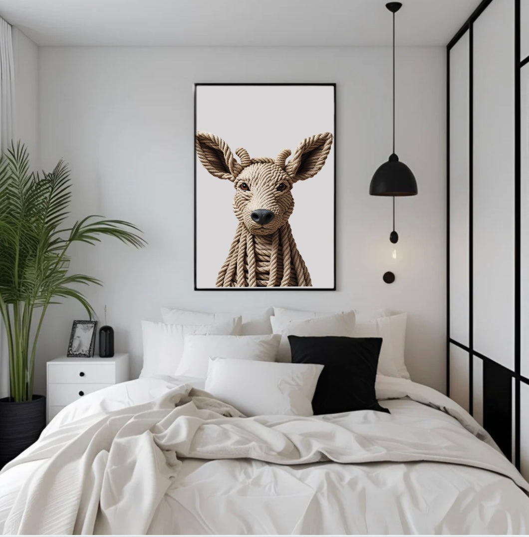Wandbild mit Rehkopf und Geweih in feiner Seilstruktur und plastischer 3D-Wirkung über dem Bett im Schlafzimmer im Holzrahmen als ruhiges Naturmotiv