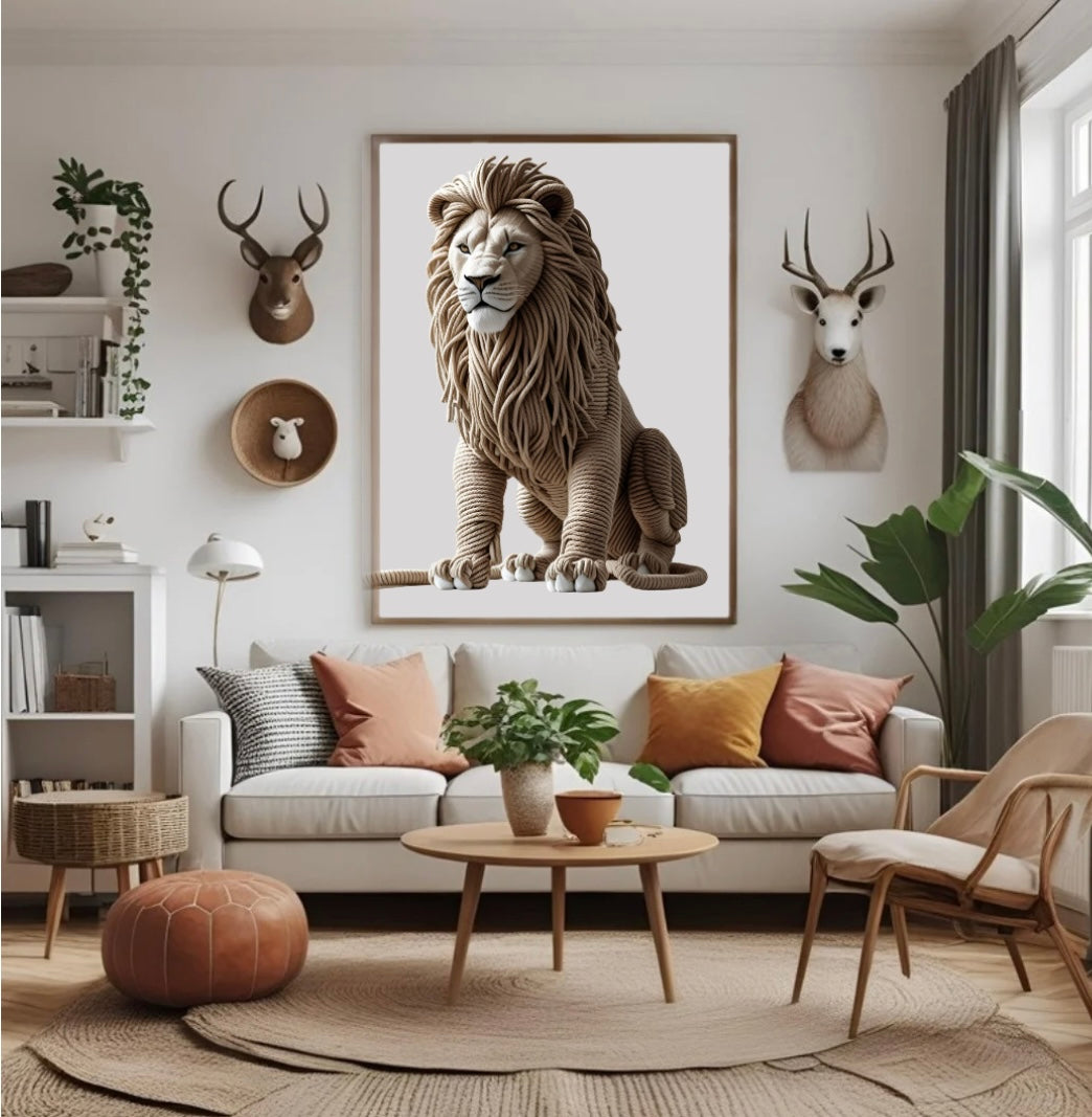 Ausdrucksstarkes Löwen Wandbild aus Seil mit 3D-Effekt im Wohnzimmer über dem Sofa im Holzrahmen als kraftvolle Tier-Wanddeko
