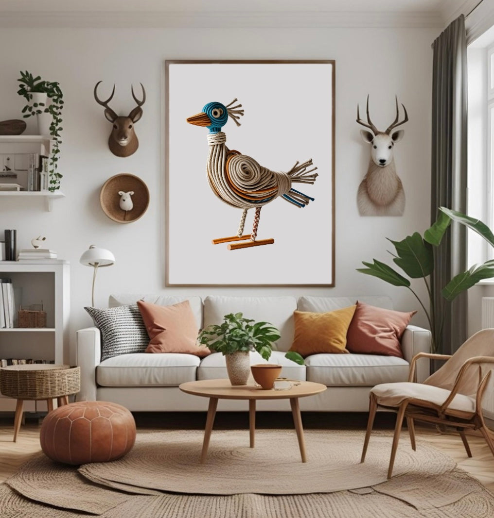 Gerahmtes Vogelposter aus Seil in Beige, Blau & Orange im Wohnzimmer, aufgehängt über einem Sofa, zeigt sanfte 3D-Optik in Holzrahmen