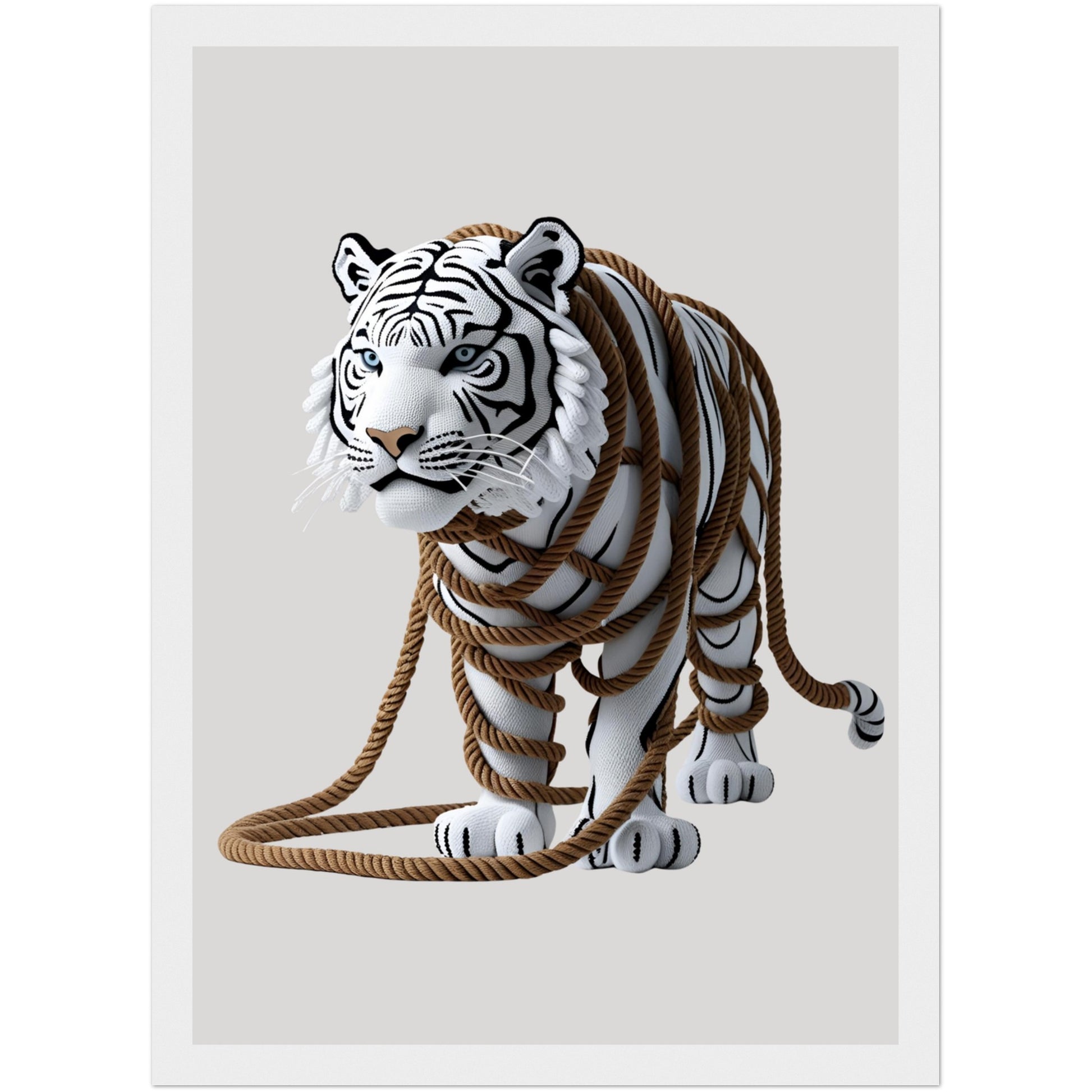 Detailreiches Tigerposter mit Seilelementen im hellen Holzrahmen – kreative Tier-Wandkunst für Wohnzimmer, Arbeitszimmer oder Flur