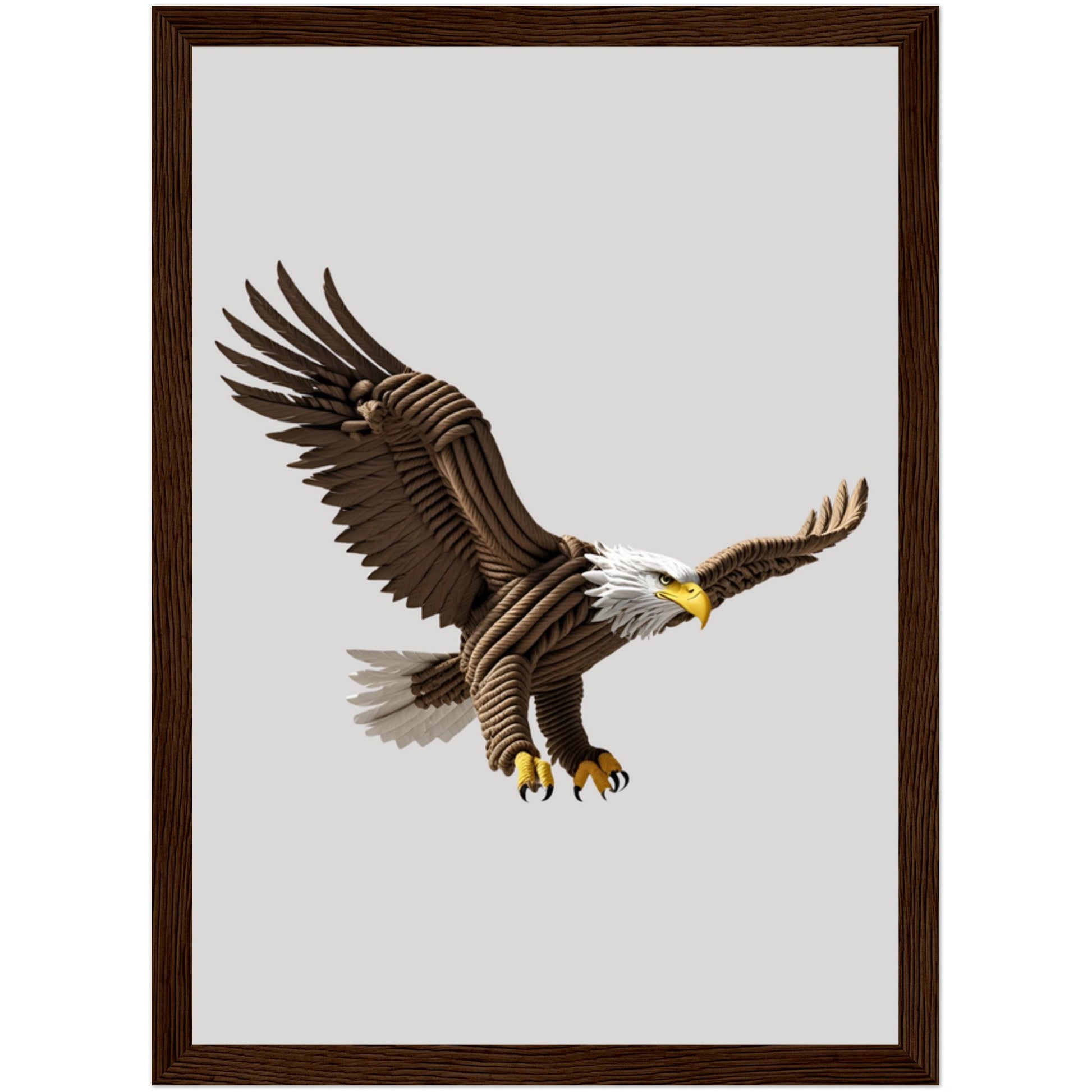 Starker Adler als Poster mit 3D-Effekt aus Seilen in dunklem Holzrahmen – modernes Wandbild mit Symbolkraft für Zuhause