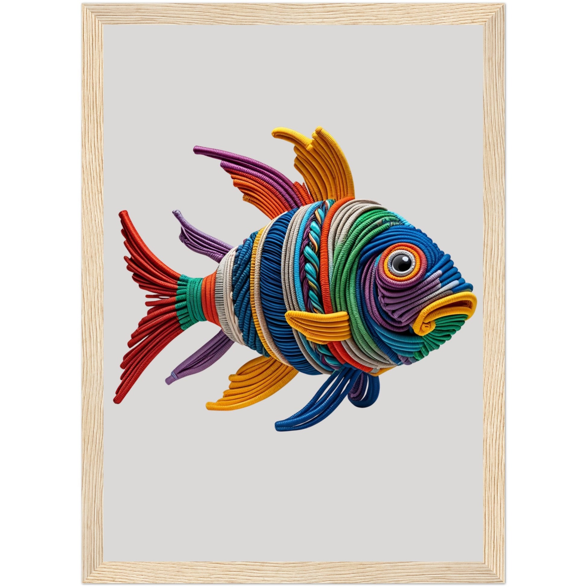 Maritimes Seilposter mit Fisch in kräftigen Farben und realistischer 3D-Wirkung im naturfarbenen Holzrahmen als dekoratives Highlight