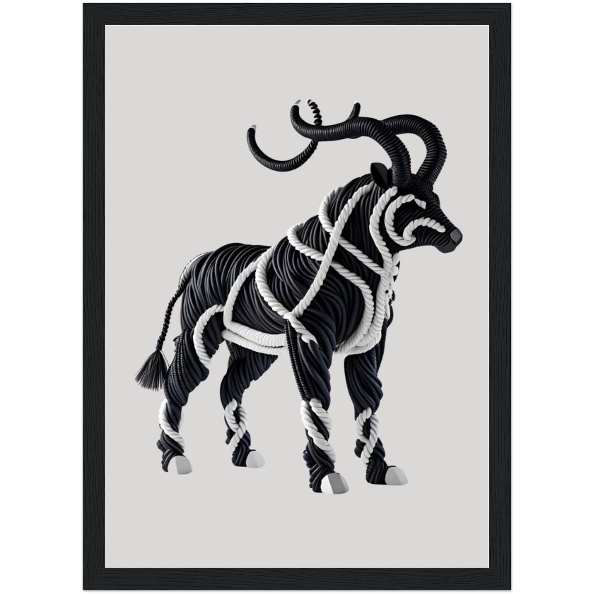 Poster Tier mit großen Hörnern – 3D-Seilmotiv in Schwarz-Weiß, gerahmt mit schwarzem Holzrahmen