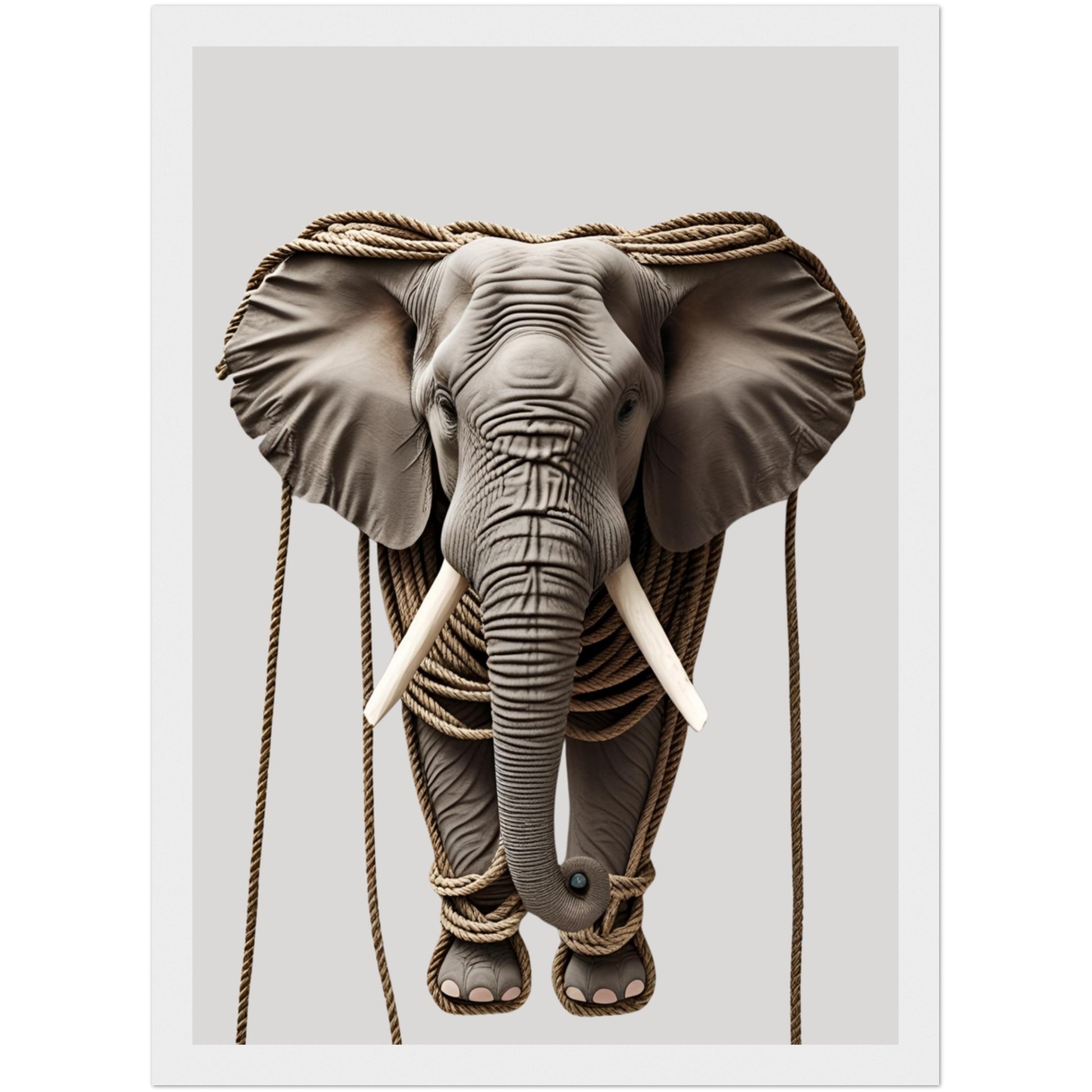 Elefant Tierposter mit Seilelementen im hellen Holzrahmen – afrikanische Wandkunst mit natürlicher Ausstrahlung für moderne Wohnräume