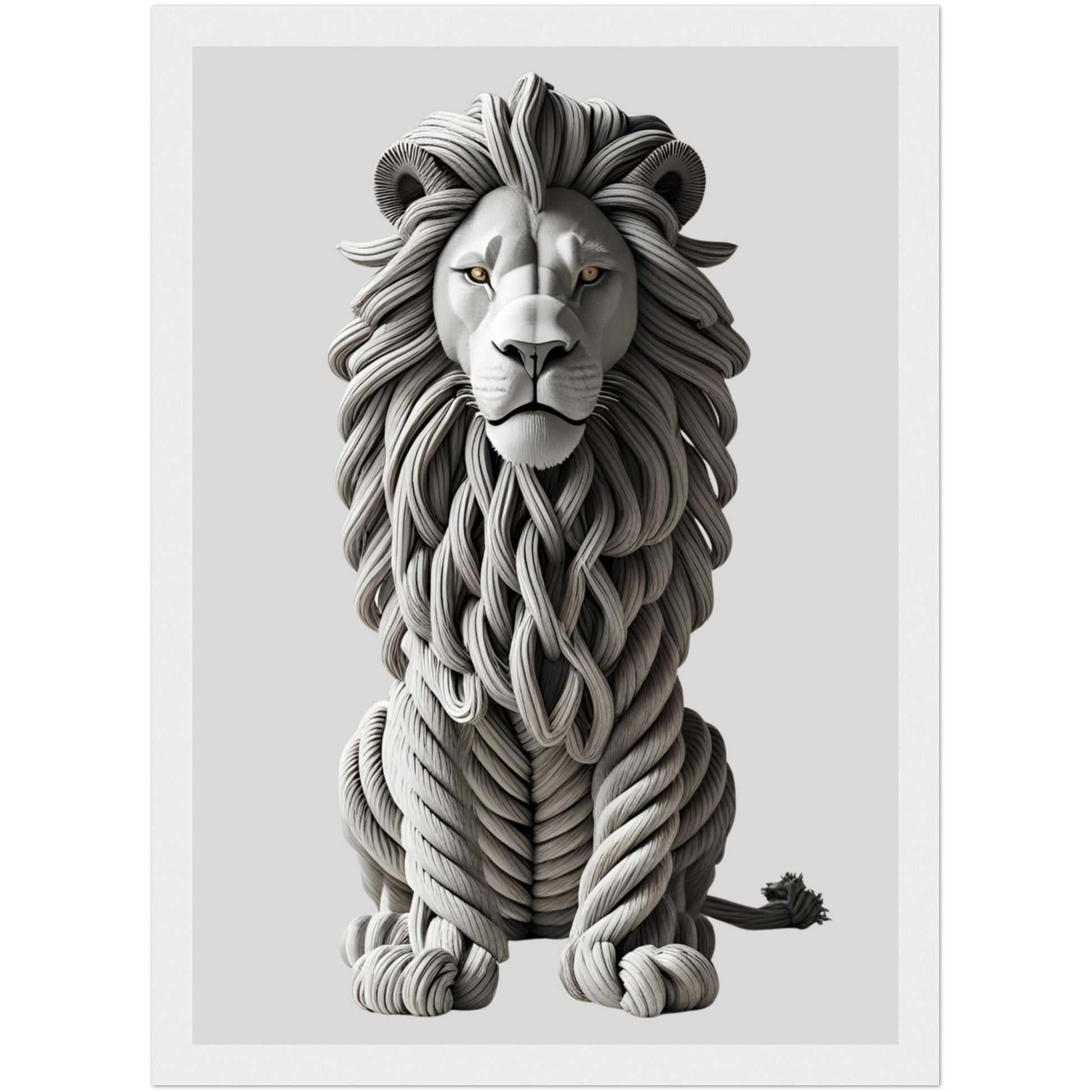 Löwenkopf aus grauem Seil als minimalistisches 3D-Poster im hellen Holzrahmen – stilvolle Wandkunst für moderne Wohnräume