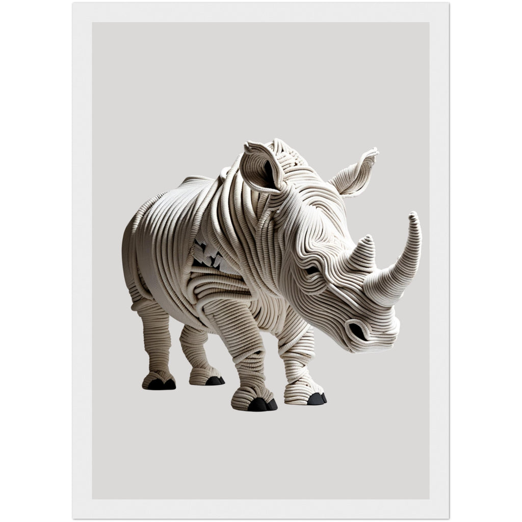 Gerahmtes Nashornposter in Beige mit plastischer 3D-Optik aus Seilen im hellen Holzrahmen – elegante Wanddekoration für Wohnräume