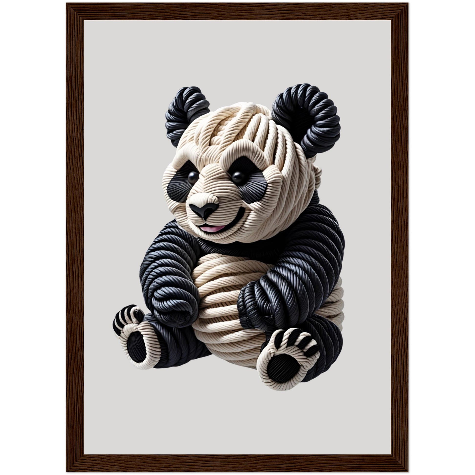 Poster mit Panda aus Seilen in Schwarz-Weiß im dunklen Holzrahmen mit 3D-Effekt – perfekte Kombination aus Natur und Design
