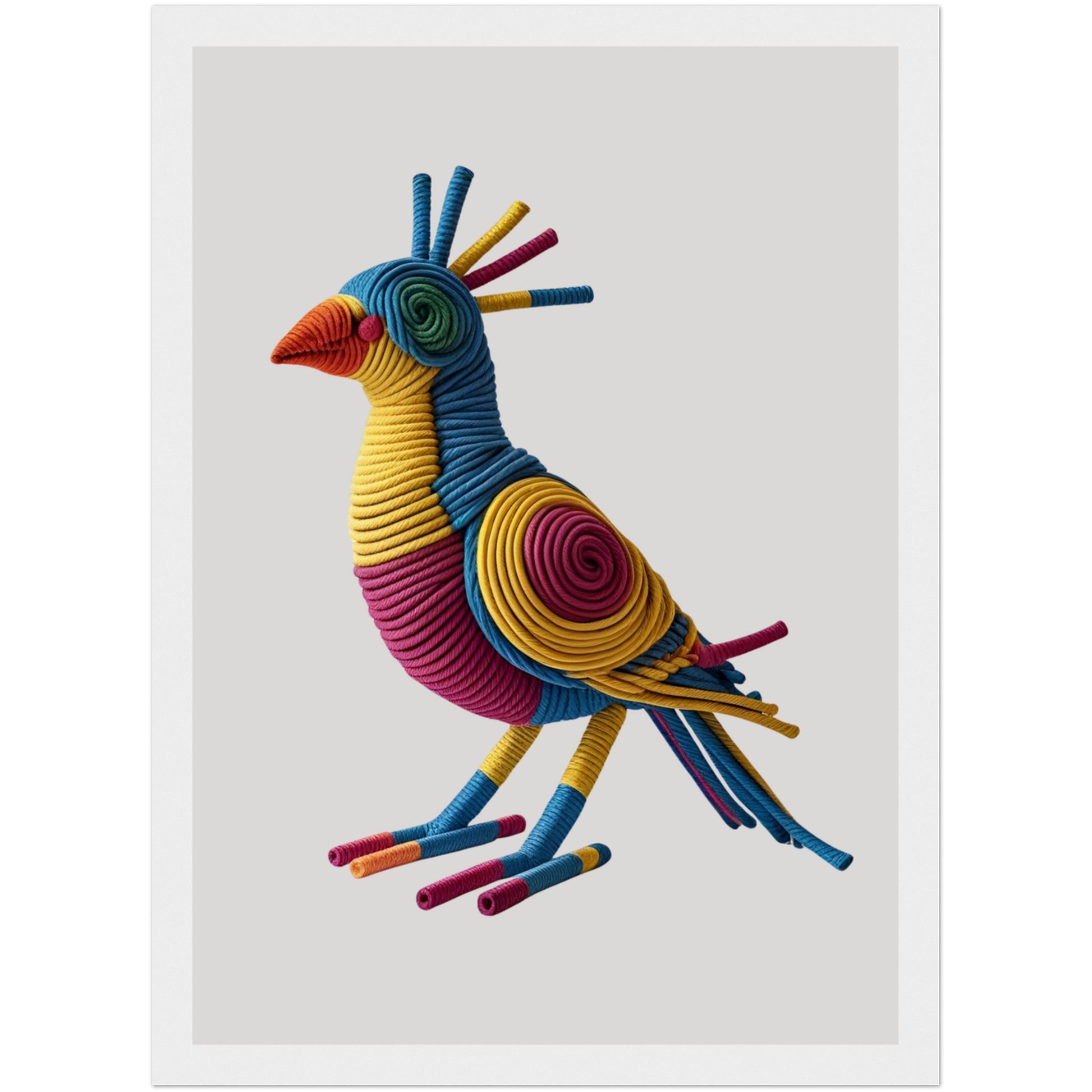 Künstlerisches 3D-Poster eines farbenfrohen Vogels aus Seil, eingefasst in weißem Holzrahmen – dekorative Wandgestaltung für jeden Raum