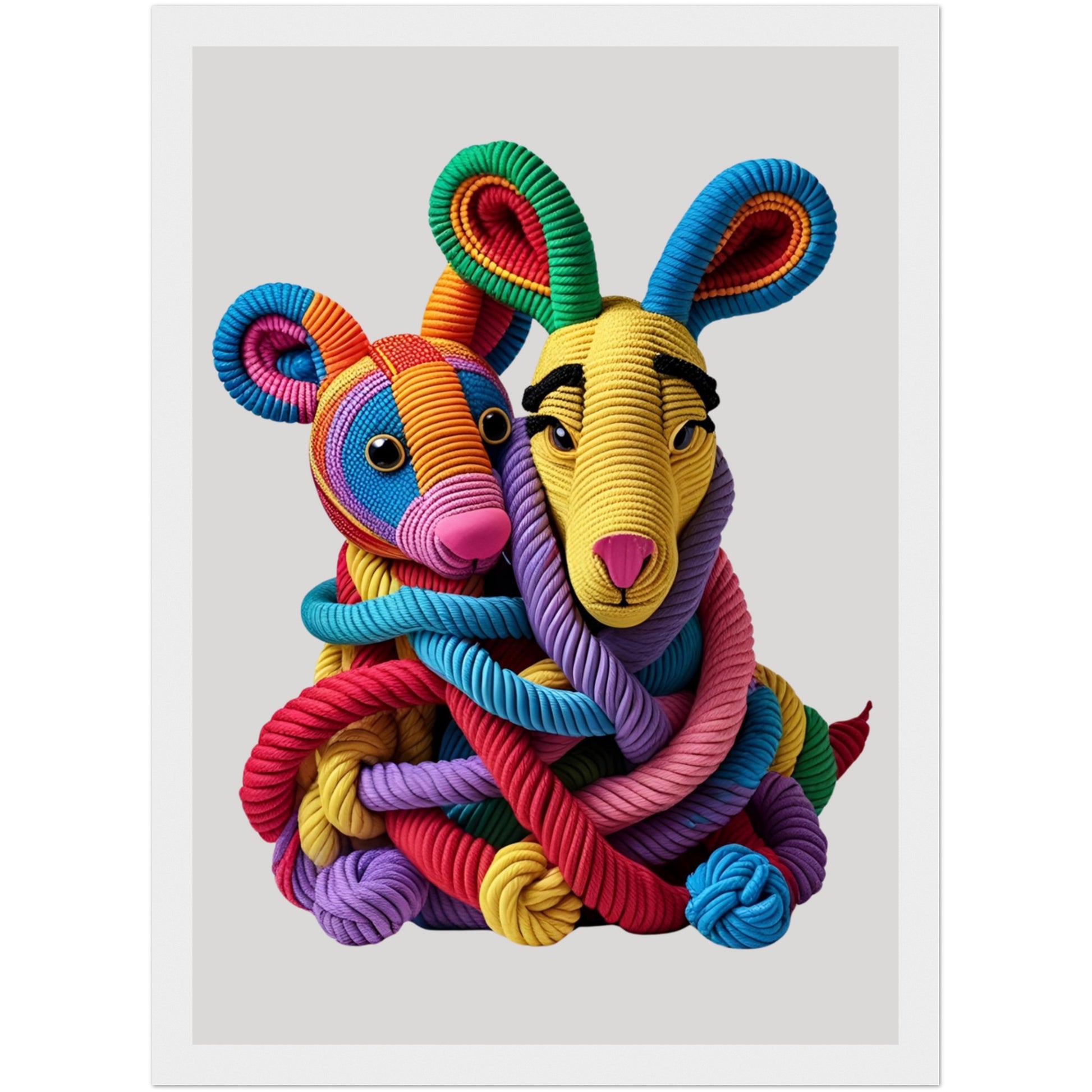 Buntes Poster mit Fantasie-Tieren aus kunstvoll gelegten Seilen im hellen Holzrahmen – originelle 3D-Wandkunst für moderne Räum
