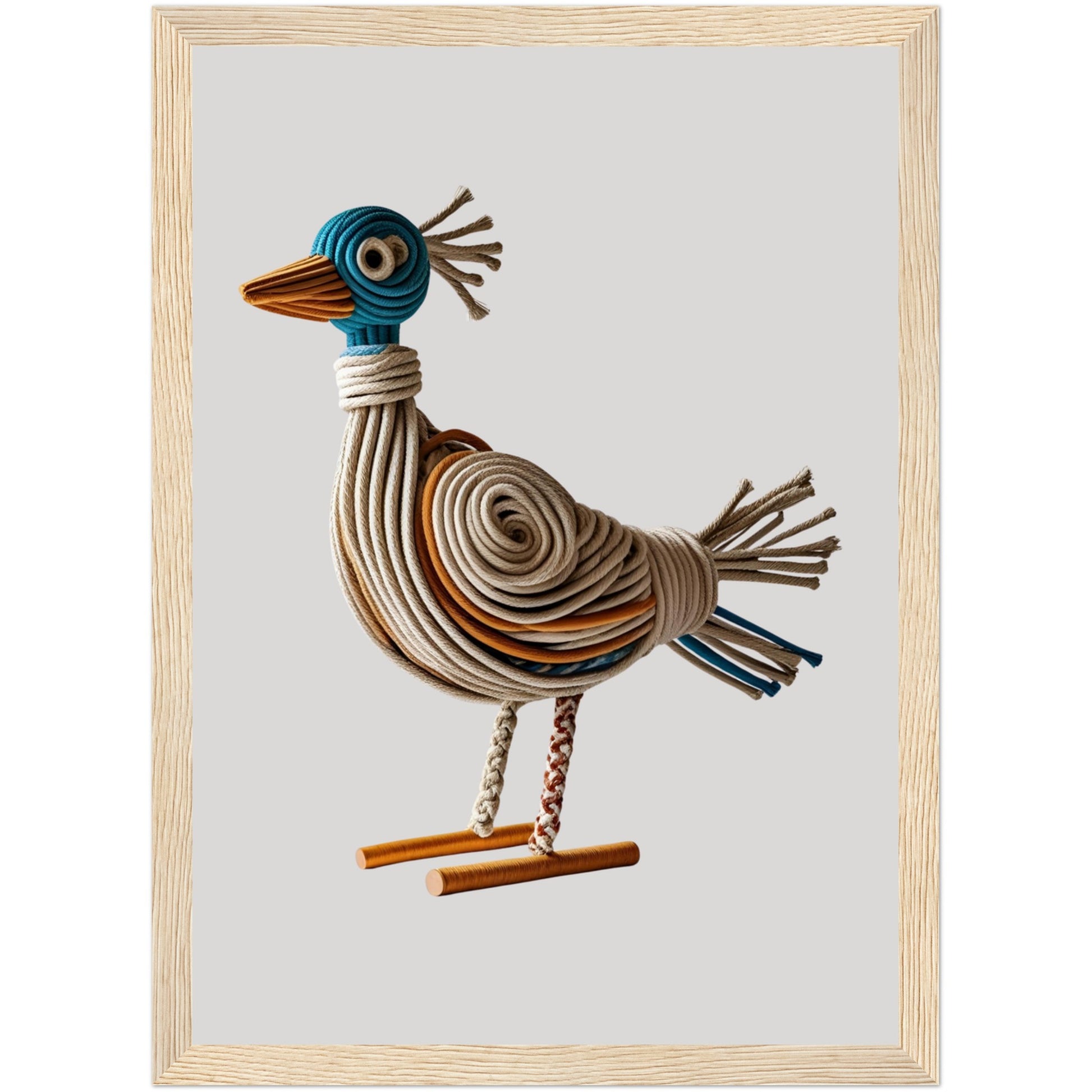 Vogelposter aus Seil in Beige, Blau & Orange in hellem Holzrahmen, mit sanfter 3D-Optik, ideal für Wohnzimmer oder Schlafzimmer.