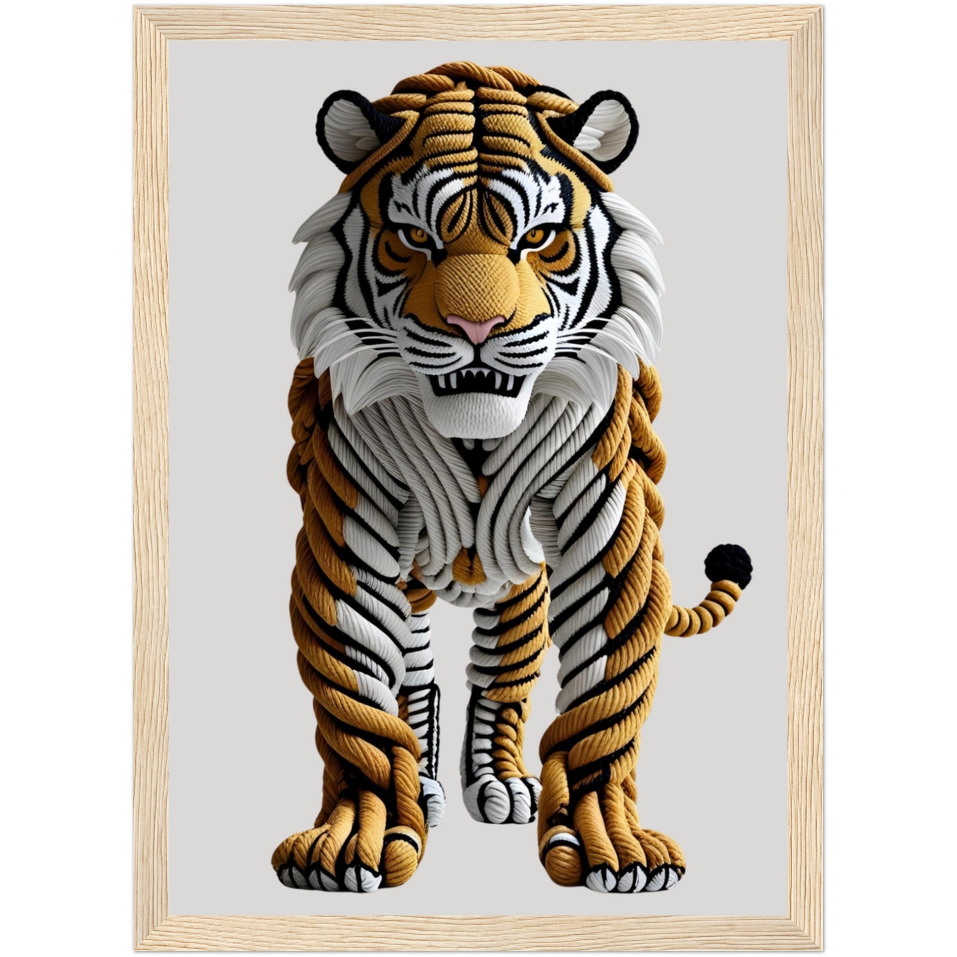 Naturinspiriertes Tiger Poster aus Seil mit 3D-Wirkung im naturfarbenen Holzrahmen – dekoratives Wandbild für Wohnzimmer und Büro