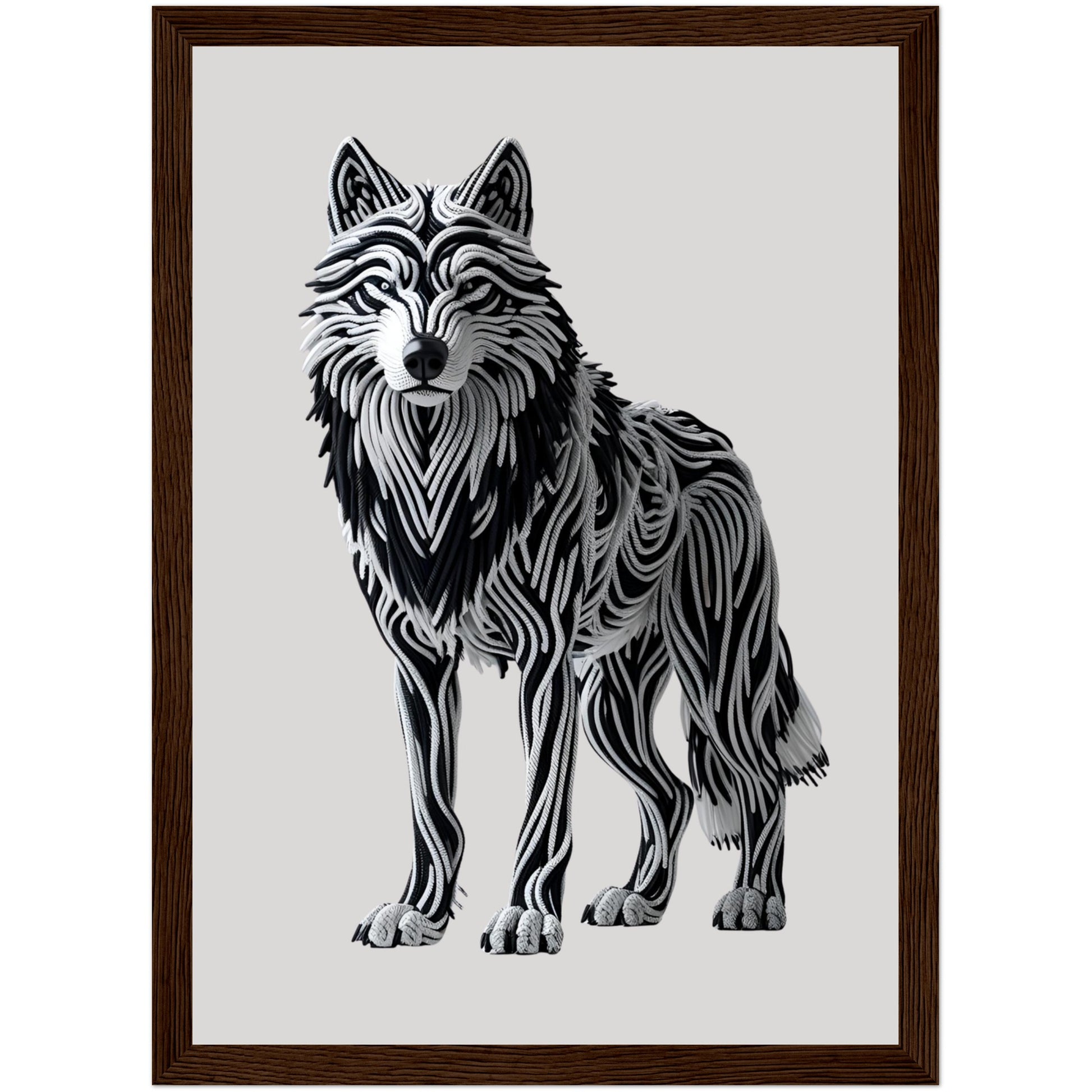 Gerahmtes Poster mit Wolf aus Seilen und realistischer 3D-Wirkung im dunklen Holzrahmen – moderne Wanddeko mit Wildtier-Charme