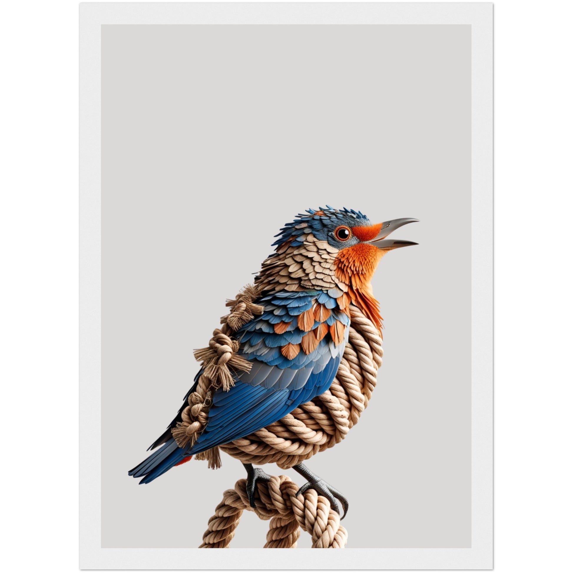 Wandbild Vogel in 3D-Optik mit weißem Holzrahmen – dekoratives Poster in Braun & Orange für helle Räume