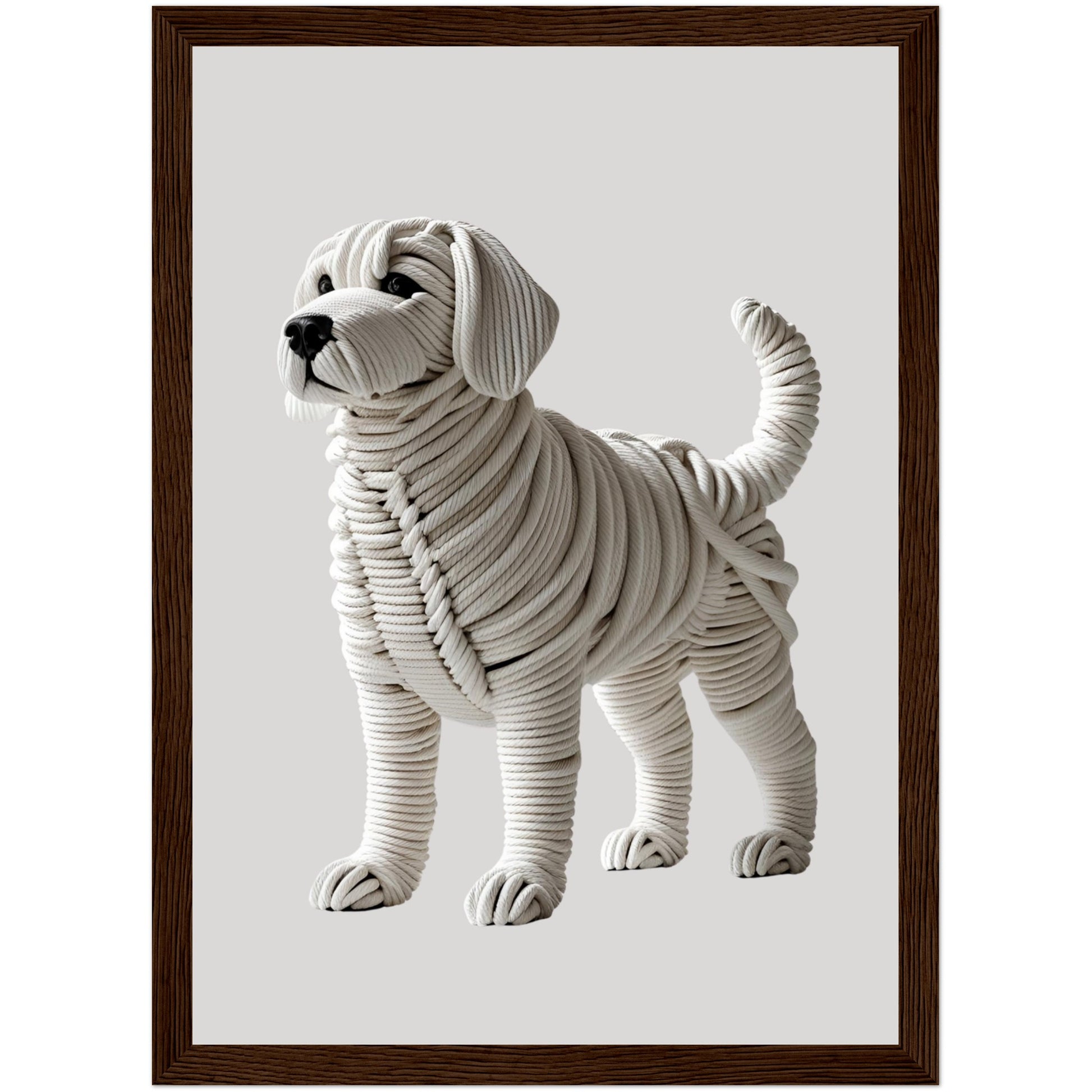 Elegantes Hundeposter aus Seilen mit plastischem 3D-Effekt im dunklen Holzrahmen – moderne und edle Wanddeko für Zuhause