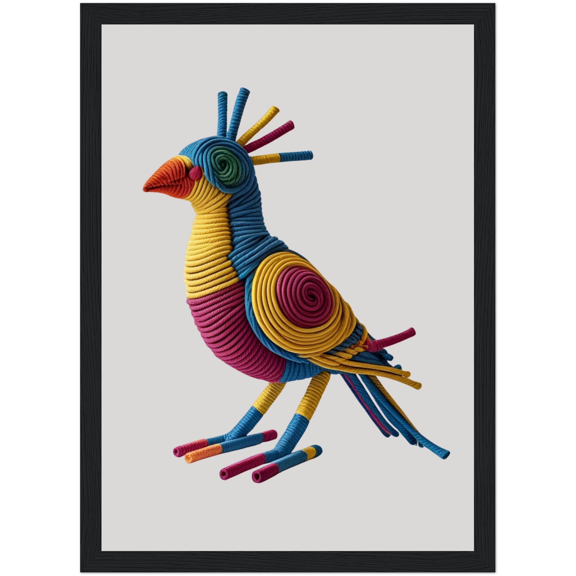 Bunter Vogel aus Seil in schwarzem Holzrahmen, gerahmtes Wandbild mit lebendiger 3D-Optik – perfektes Highlight für Wohn- und Schlafzimmer