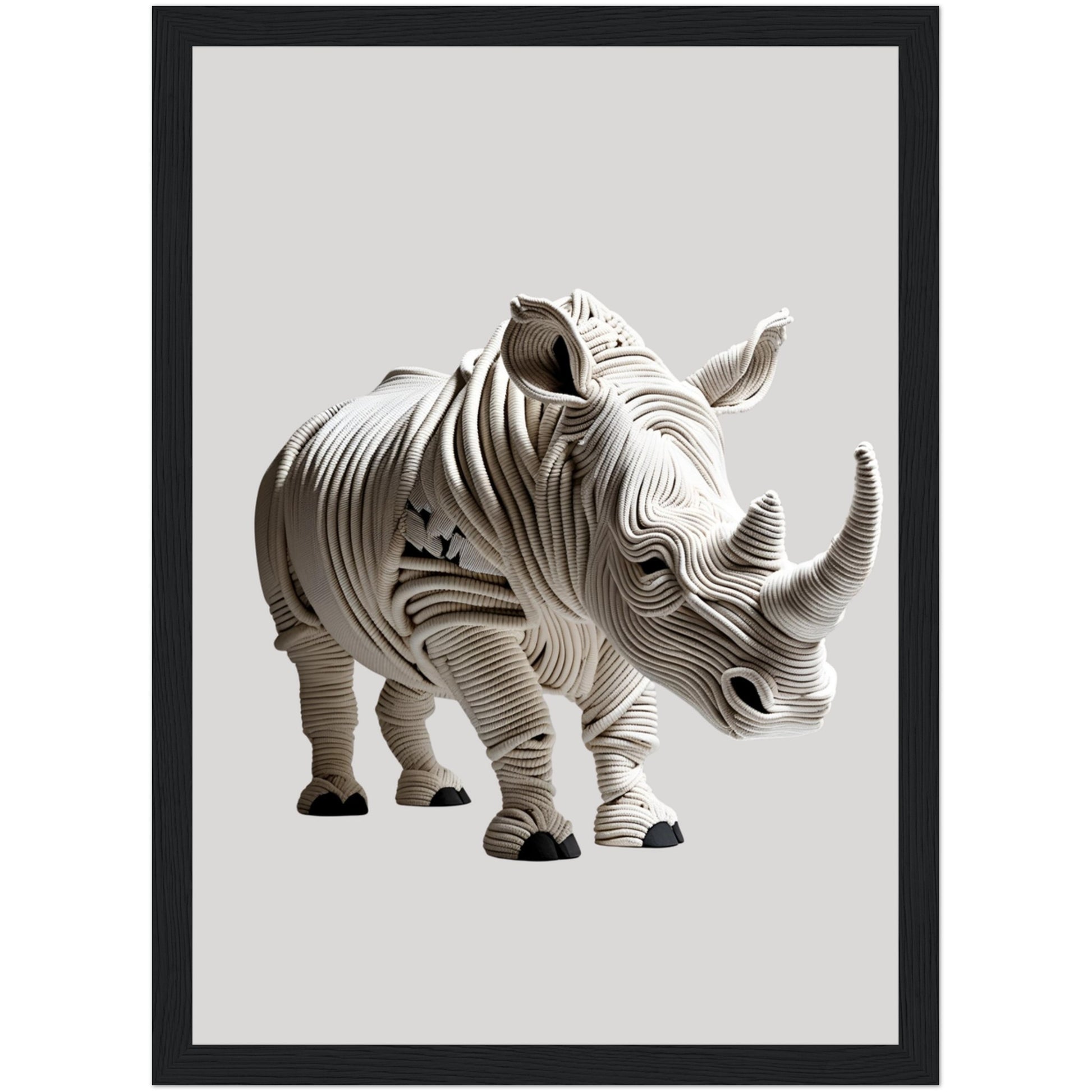 Nashorn aus Seilen als Poster mit 3D-Wirkung in elegantem Beige, eingerahmt in schwarzem Holz – ausdrucksstarke Tierkunst für Zuhause