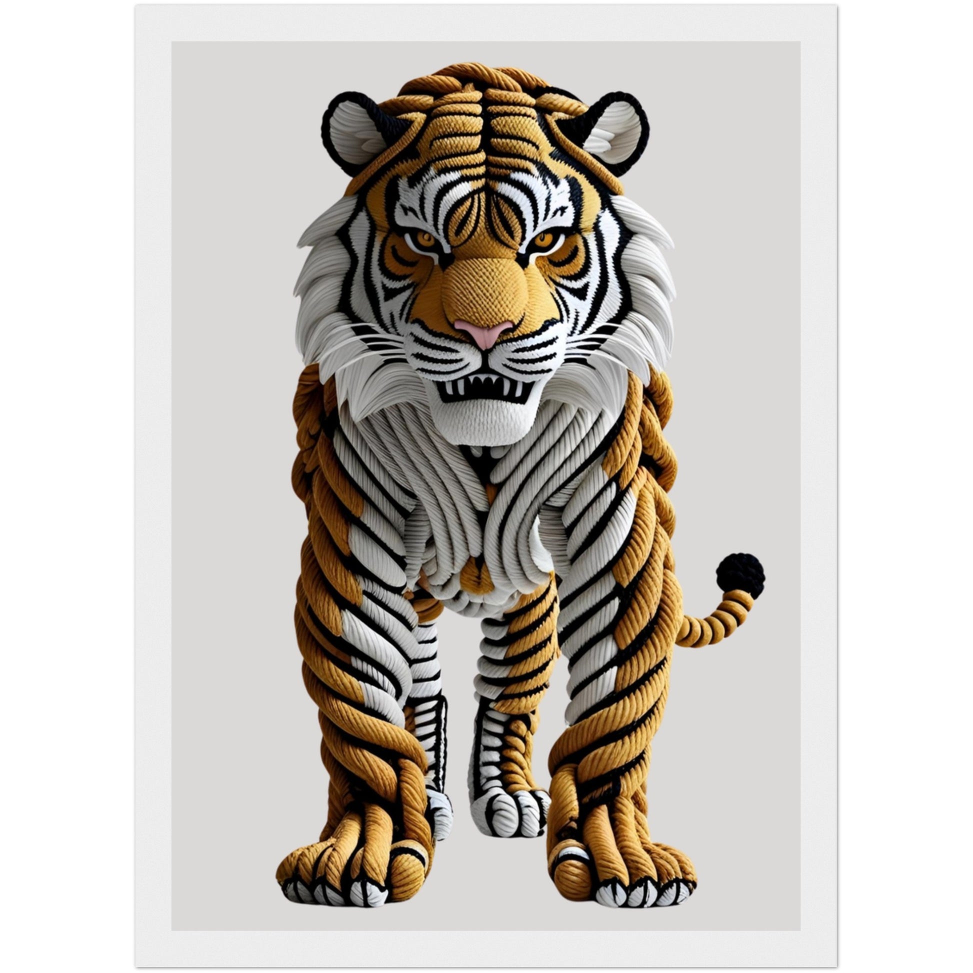 Künstlerisches Tiger Poster mit Seilstruktur und 3D-Effekt im hellen Holzrahmen – elegante Tierwandkunst für Wohn- oder Arbeitszimmer