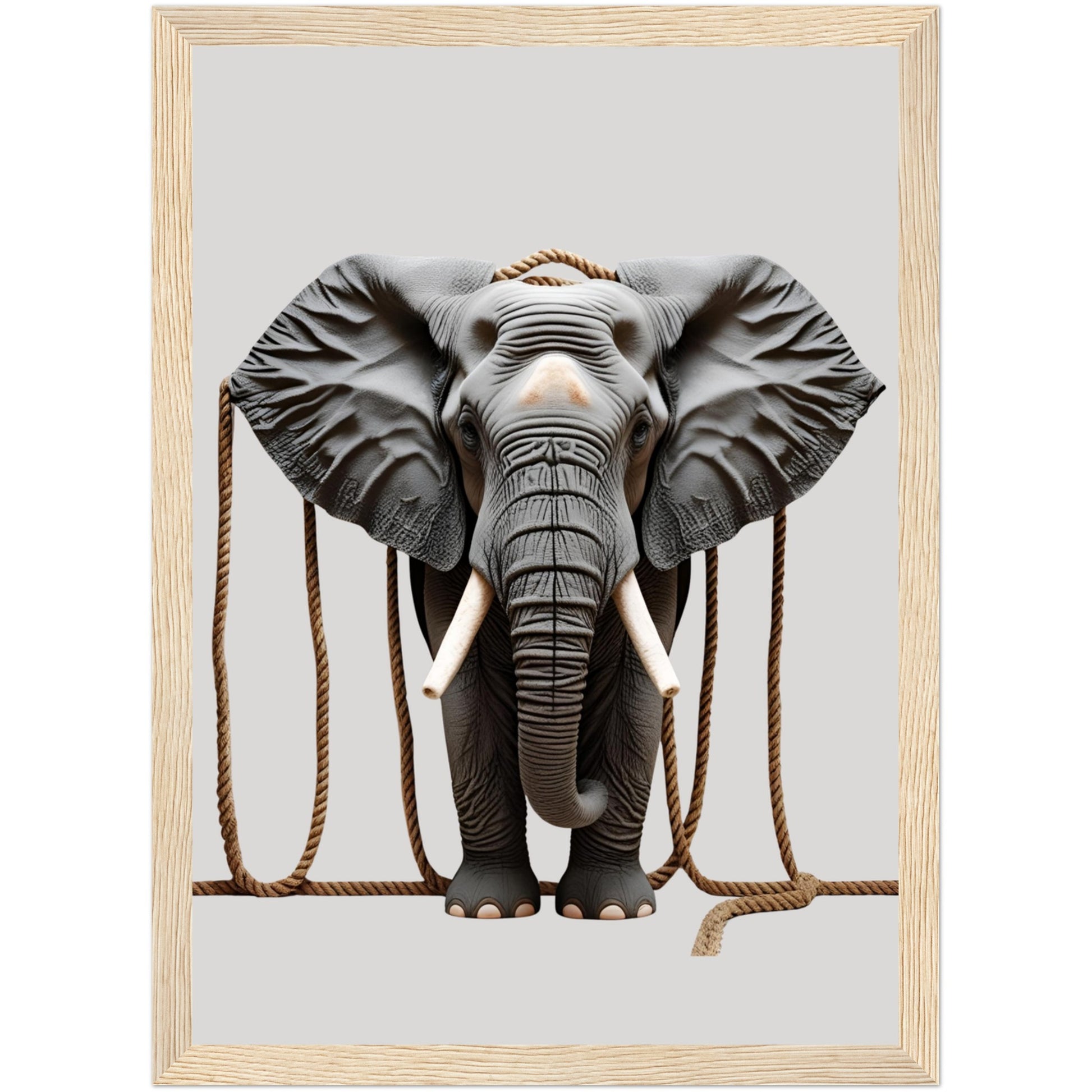 Naturinspiriertes Elefantenposter mit feinen Seilakzenten im naturfarbenen Holzrahmen – afrikanische Wandkunst für gemütliche Räume