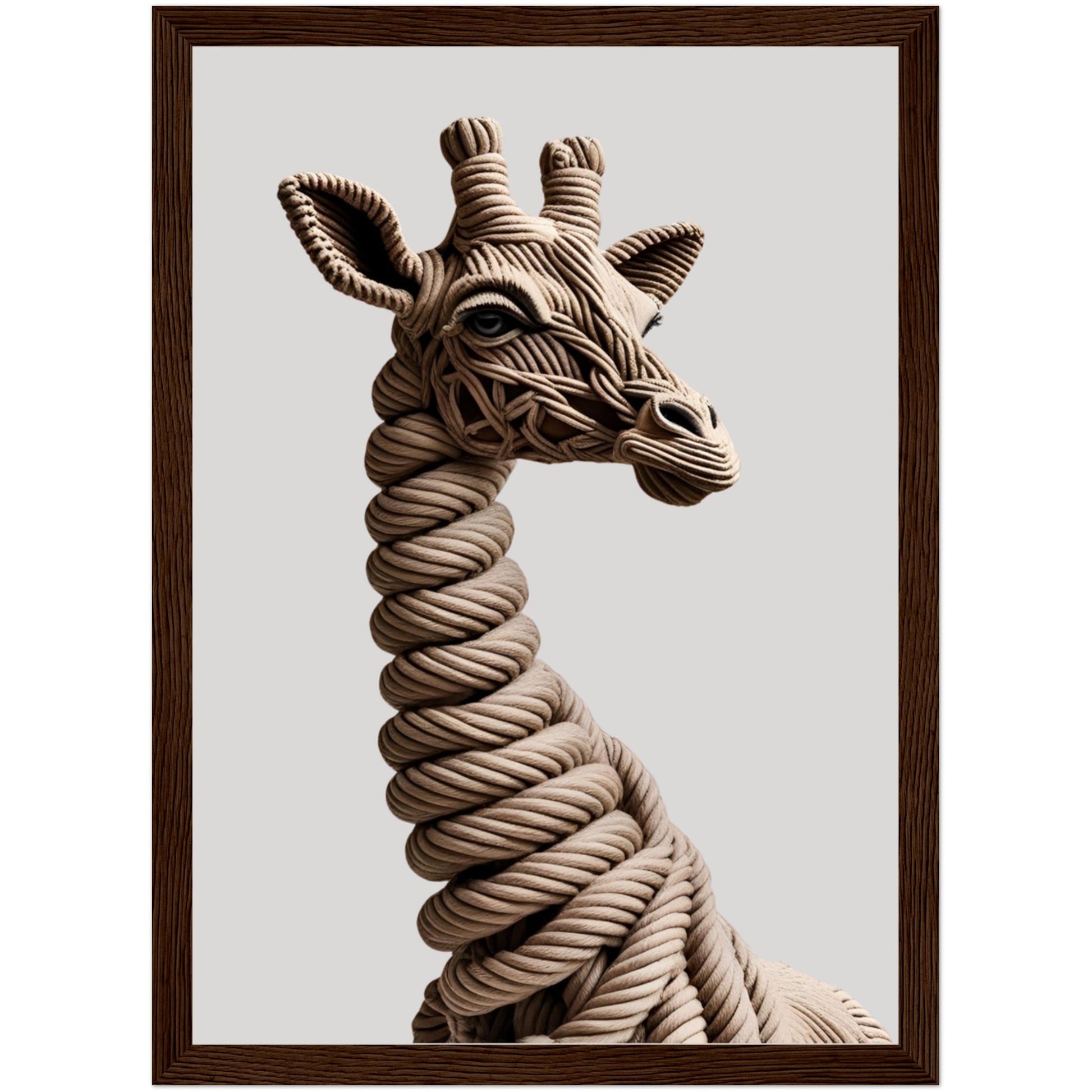 Giraffenmotiv mit Seilstruktur und Tiefe in 3D-Optik, eingerahmt in dunklem Holz – ausdrucksstarke Wanddeko mit Safariflair